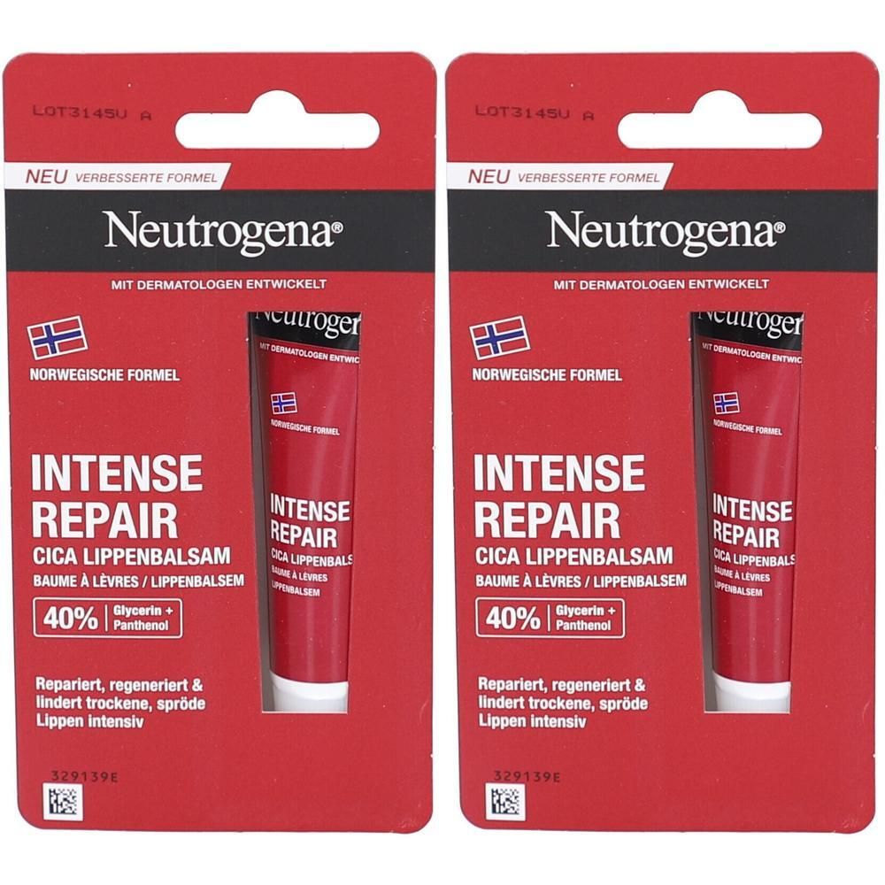 Deux emballages de baume à lèvres. Cartons rouges avec nom du produit et marque Neutrogena. Texte: Intense Repair, Cica Lippenbalsam.