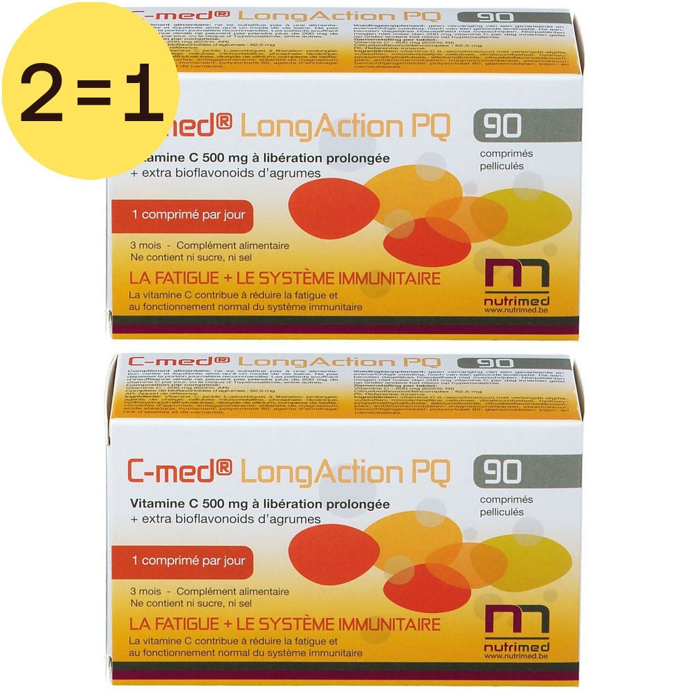 Deux boîtes de C-med® LongAction PQ. Chaque boîte contient 90 comprimés. Inscription : Vitamine C, 500 mg, avec bioflavonoïdes d'agrumes. Offre gratuite.