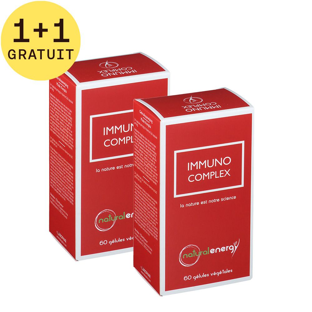 Deux boîtes rouges avec texte blanc. Inscription: IMMUNO COMPLEX, Natural Energy. 60 gélules végétales. 1+1 gratuit.