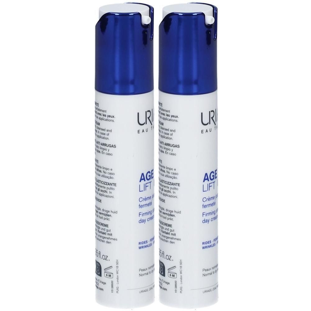 Deux flacons blancs avec bouchons bleus. Inscription: URIAGE, AGE LIFT, Crème jour fermeté. Texte multilingue.