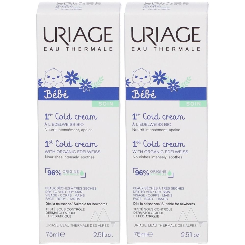 Deux boîtes blanches avec texte. Marque URIAGE, Bébé et 1st Cold Cream. Ingrédients et indications en français.