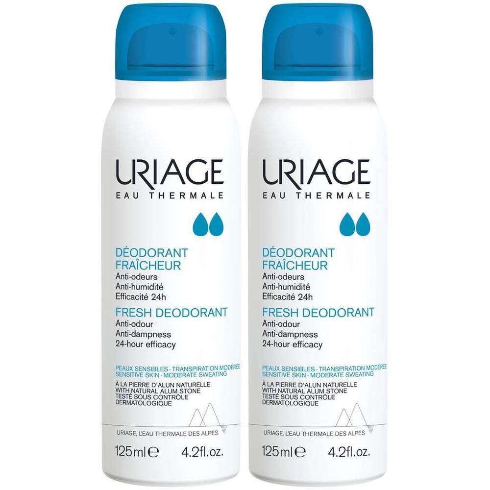 Deux sprays déodorant Uriage Frâicheur avec bouchon bleu.