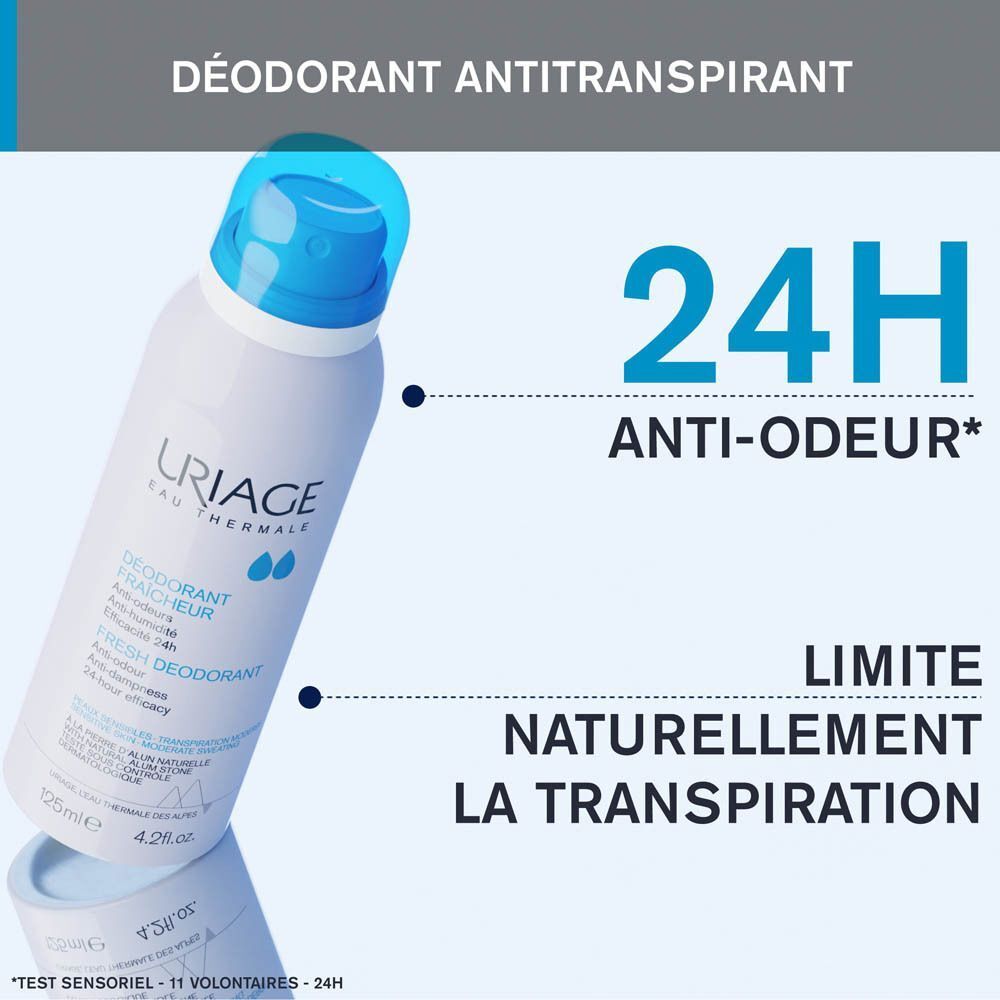 Spray déodorant Uriage Frâicheur avec efficacité anti-odeur 24h.