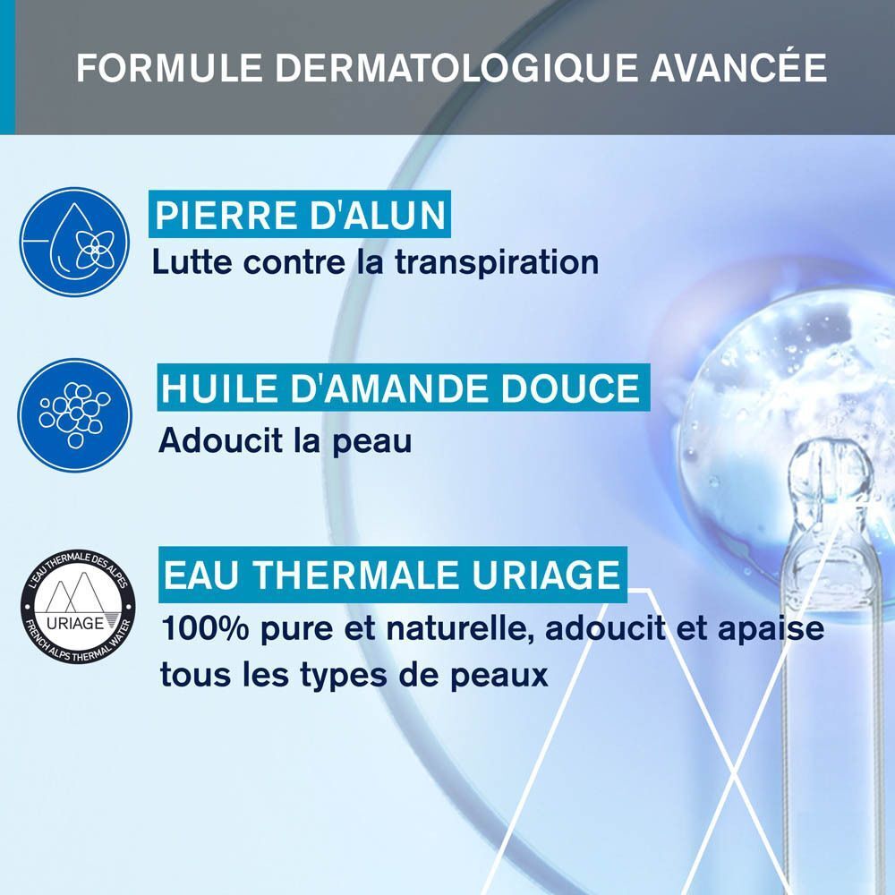 Déodorant Uriage Frâicheur : Pierre d'Alun, Huile d'Amande Douce, Eau Thermale Uriage.