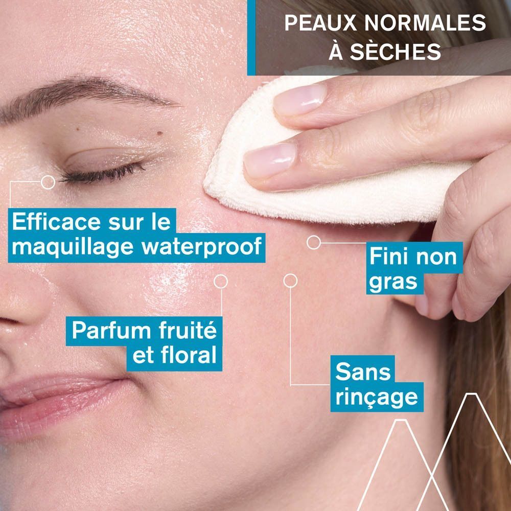 Visage de femme nettoyé avec un coton. Texte: Efficace sur le maquillage waterproof, fini non gras.