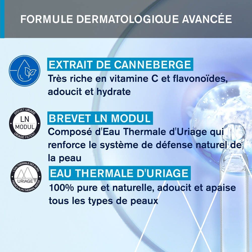 Infographie avec texte: Extrait de canneberge, Brevet LN Modul, Eau Thermale Uriage. Éléments bleus et blancs.