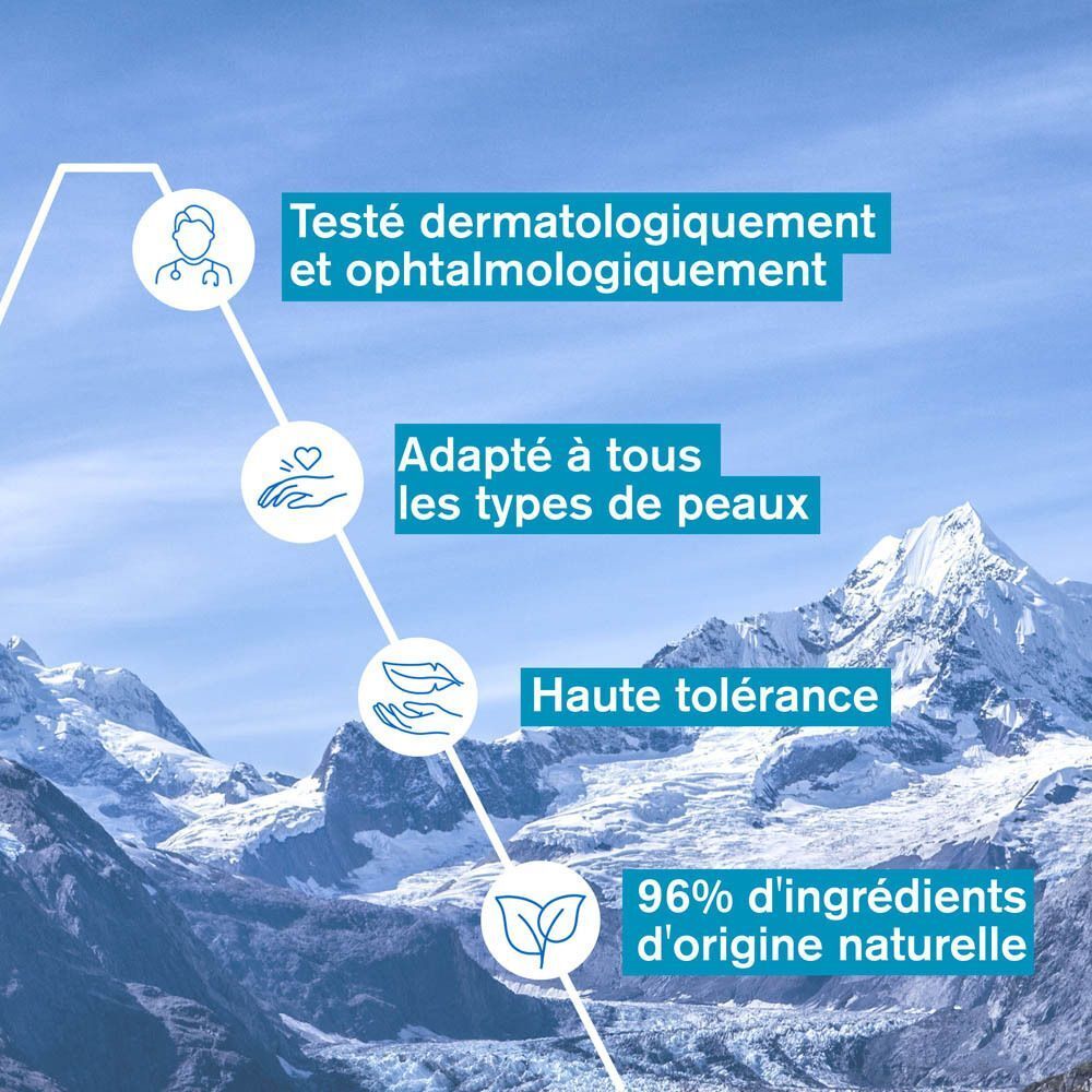 Infographie avec texte: Testé dermatologiquement, adapté à tous les types de peaux, haute tolérance.