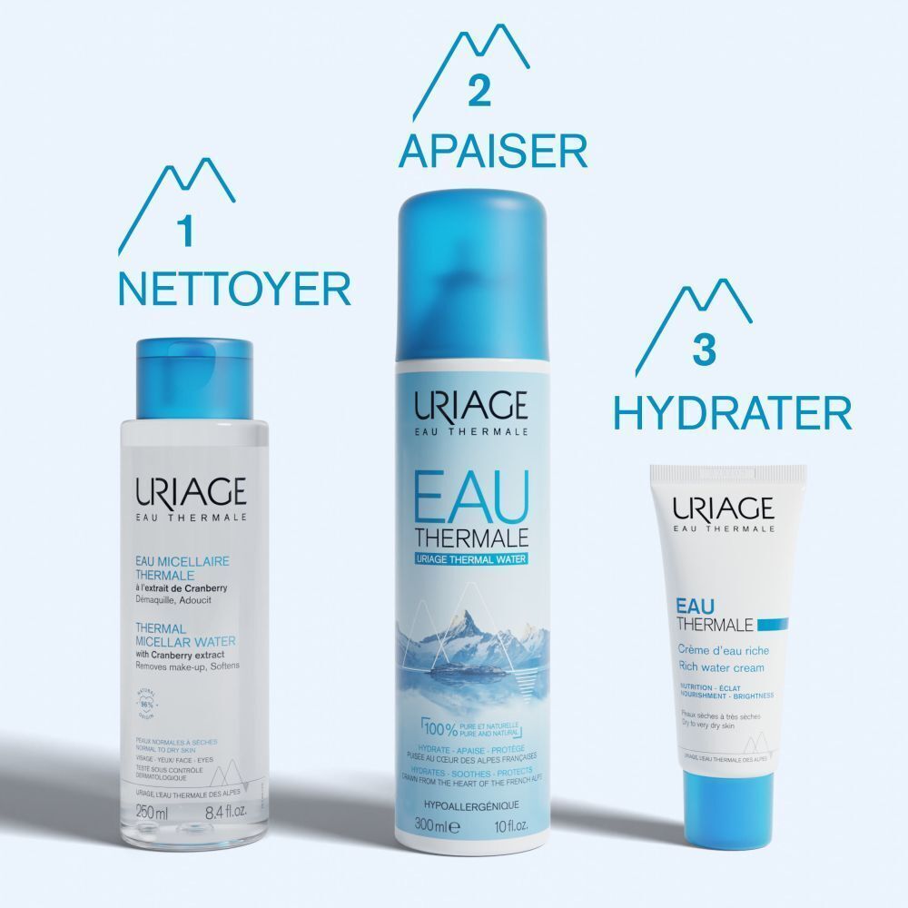Trois produits Uriage: Eau Micellaire Thermale, Eau Thermale Spray, Crème d'Eau Riche. Bleu et blanc.
