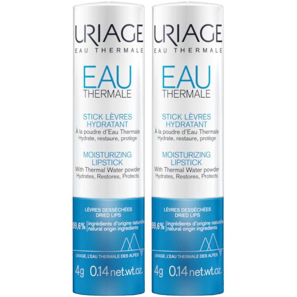 Deux sticks à lèvres URIAGE. Emballage blanc et bleu. Contient 4g. Inscriptions : Eau Thermale, Stick Lèvres Hydratant.
