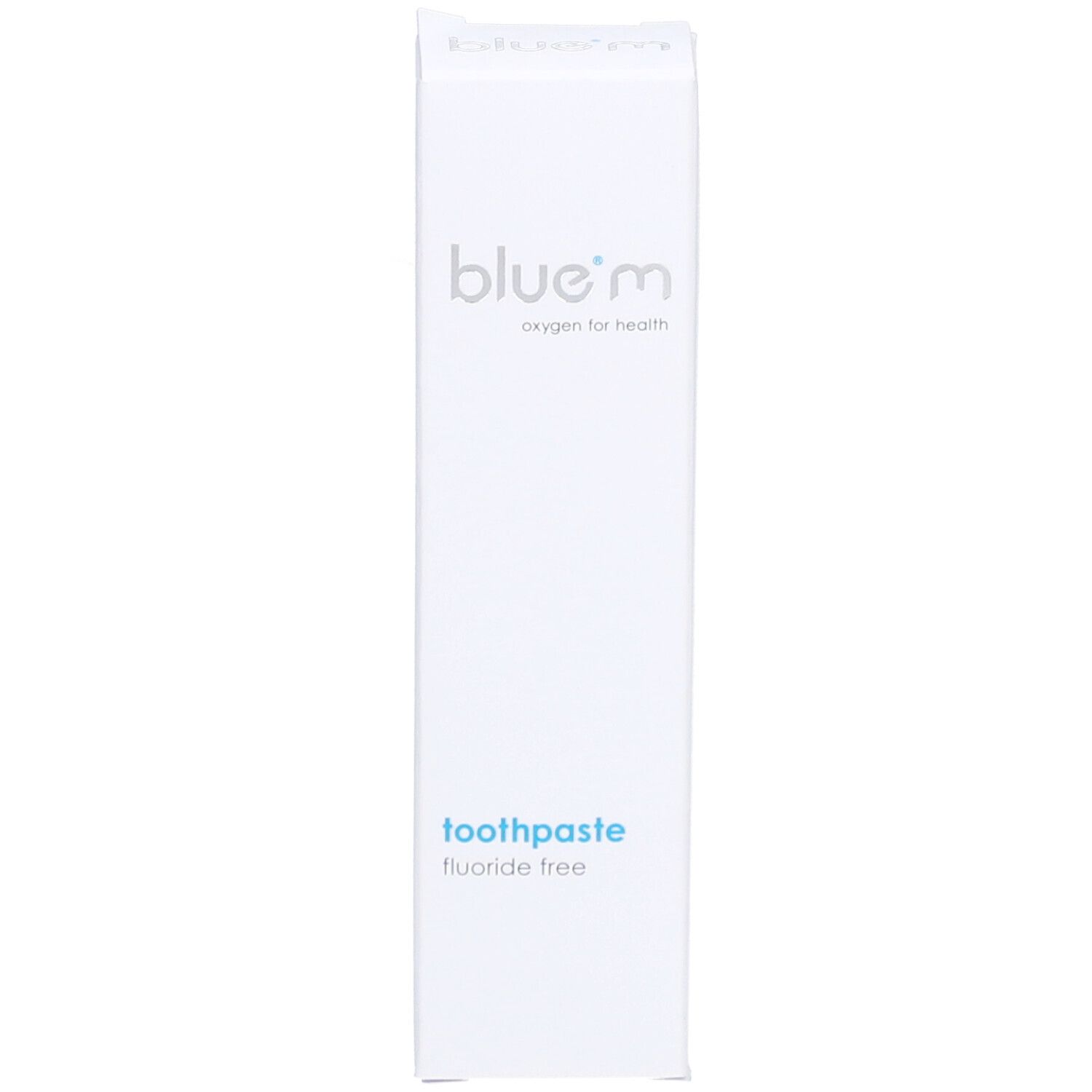 Boîte blanche avec logo blue®m et Zahnpasta Fluoridfrei. Inscription : oxygen for health.