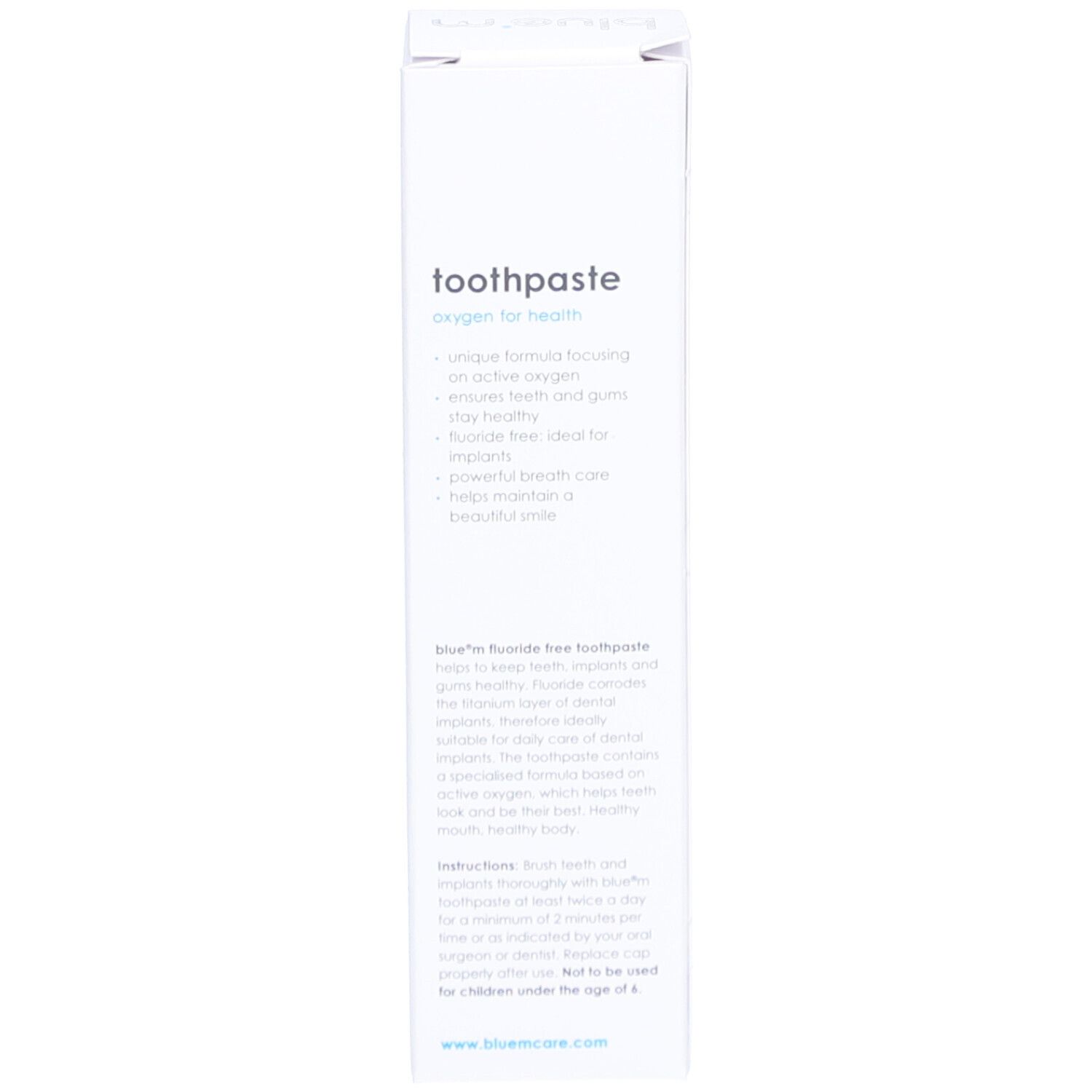 Dos de la boîte avec informations produit. Texte : Zahnpasta, oxygen for health, Fluoridfrei.