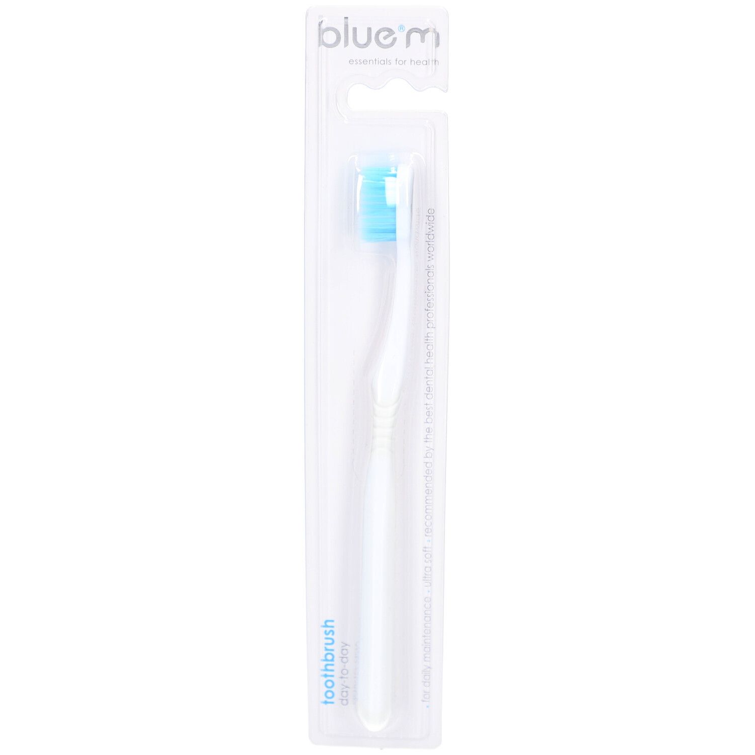 Brosse à dents Ultra Soft, tête bleue, manche transparent, emballage blister.