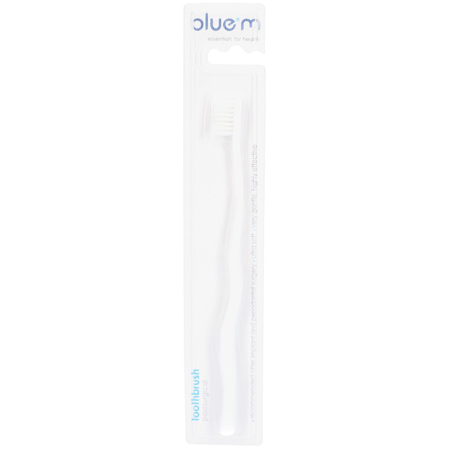 Brosse à dents blanche dans un emballage transparent. Manche bleu. Texte: blue®m, toothbrush postsurgical.