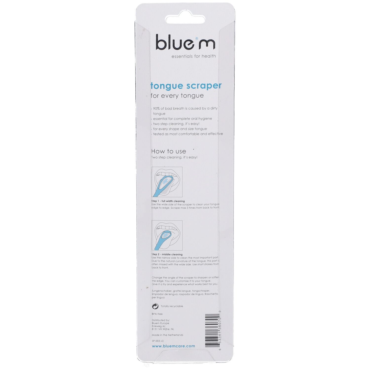 Dos de l'emballage blister avec informations produit et instructions d'utilisation. Marque blue®m.
