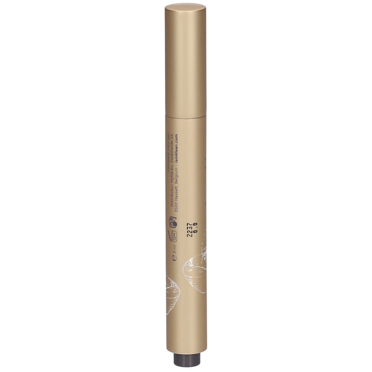 Stylo correcteur doré avec pointe noire. Inscription et décor floral sur le stylo.