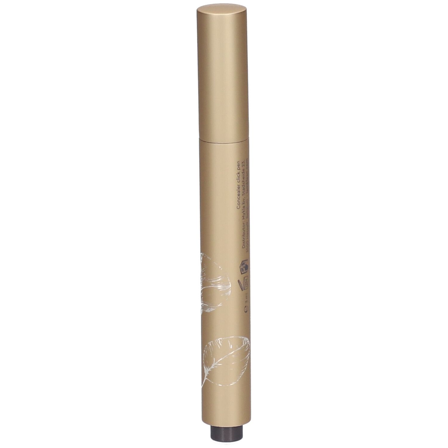 Stylo correcteur doré avec pointe noire. Inscription et décor floral sur le stylo.