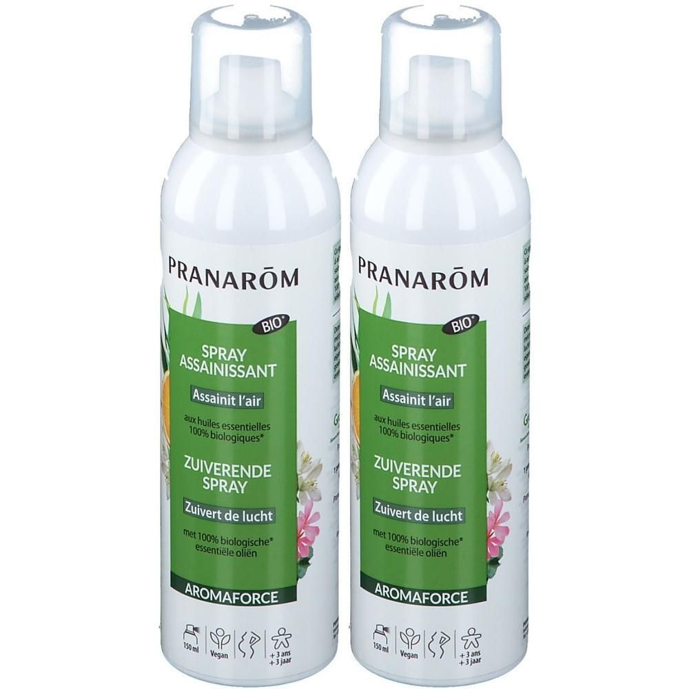 Deux flacons spray blancs avec étiquettes vertes. Inscription: Pranarôm, Spray assainissant, Aromaforce. Certification Bio.