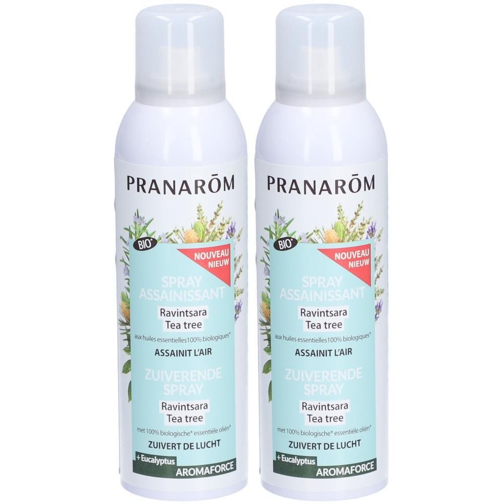 Deux flacons spray blancs PRANAROM. Étiquettes avec nom du produit, illustrations florales et certification BIO. Nouveau.