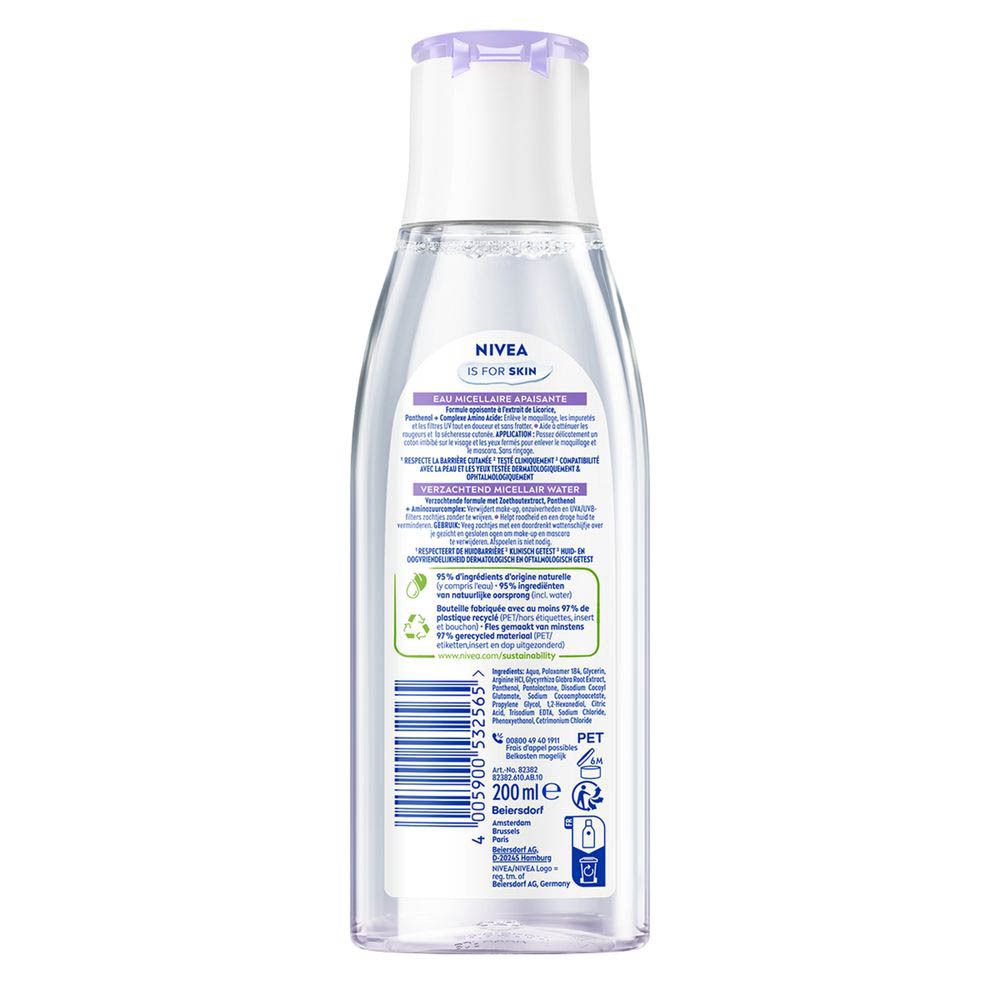 Arrière du flacon de 200ml de Nivea Eau Micellaire Apaisante Peaux Sensibles.
