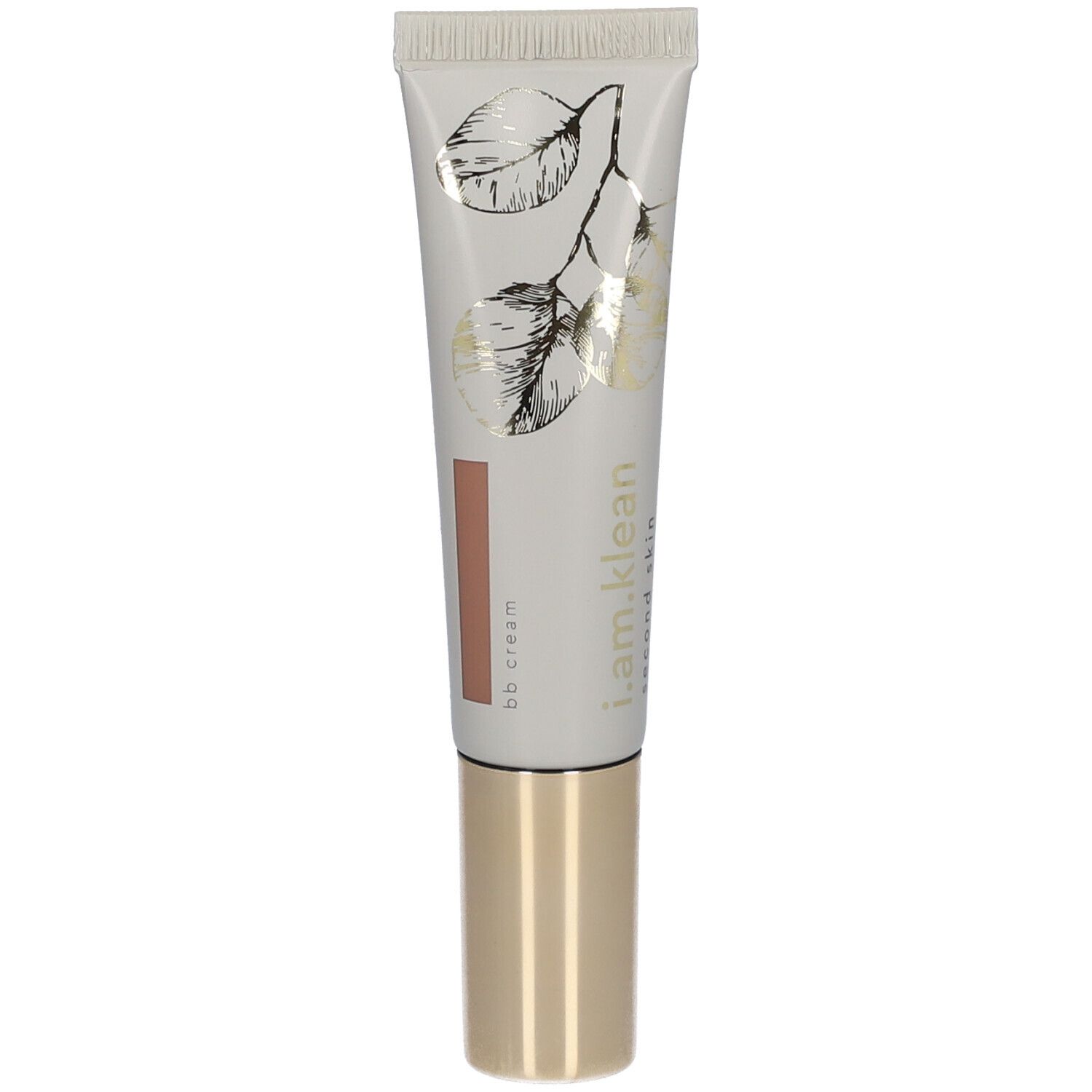 Tube de crème avec bouchon doré. Inscription : i.am.klean, BB cream. Indicateur de teinte.