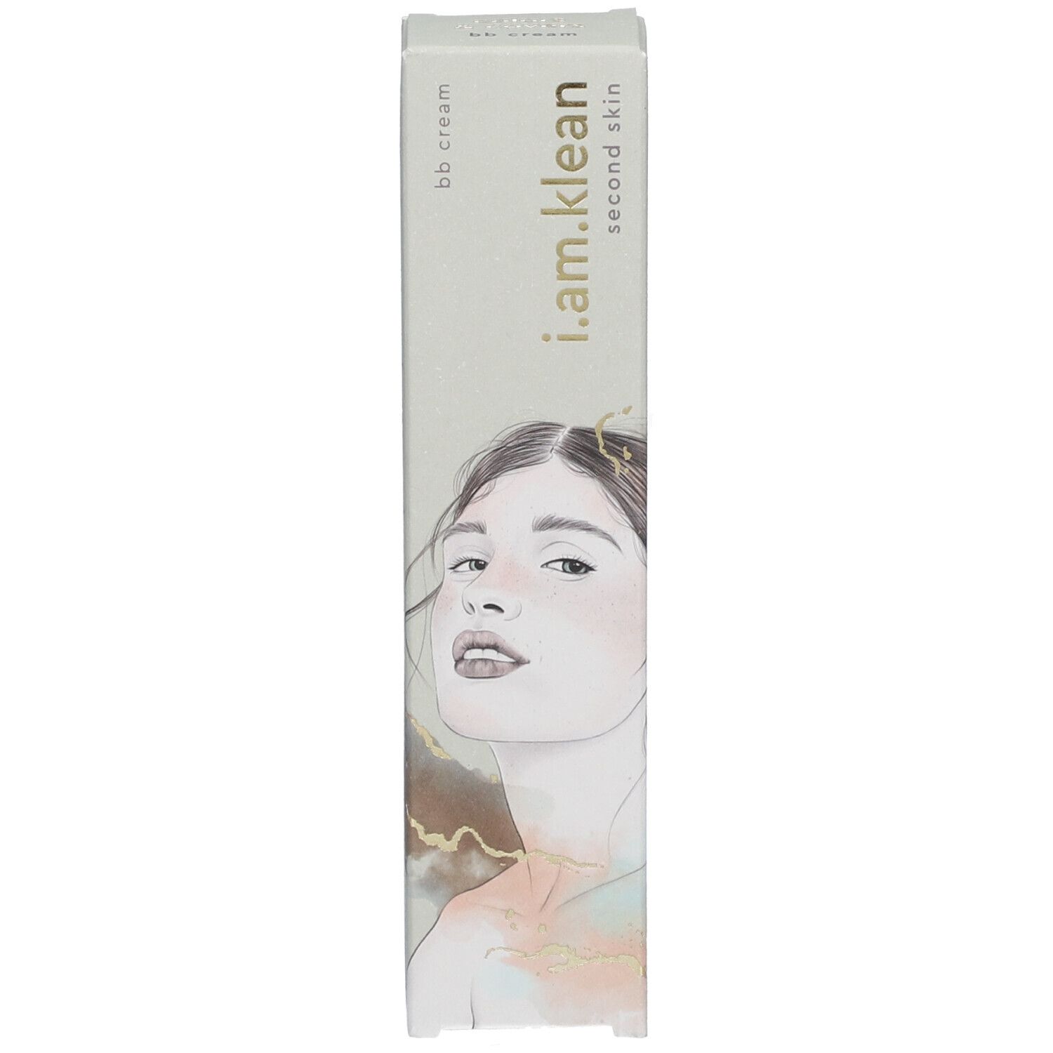 Emballage du produit. Inscription : i.am.klean, second skin, BB cream. Visage de femme.