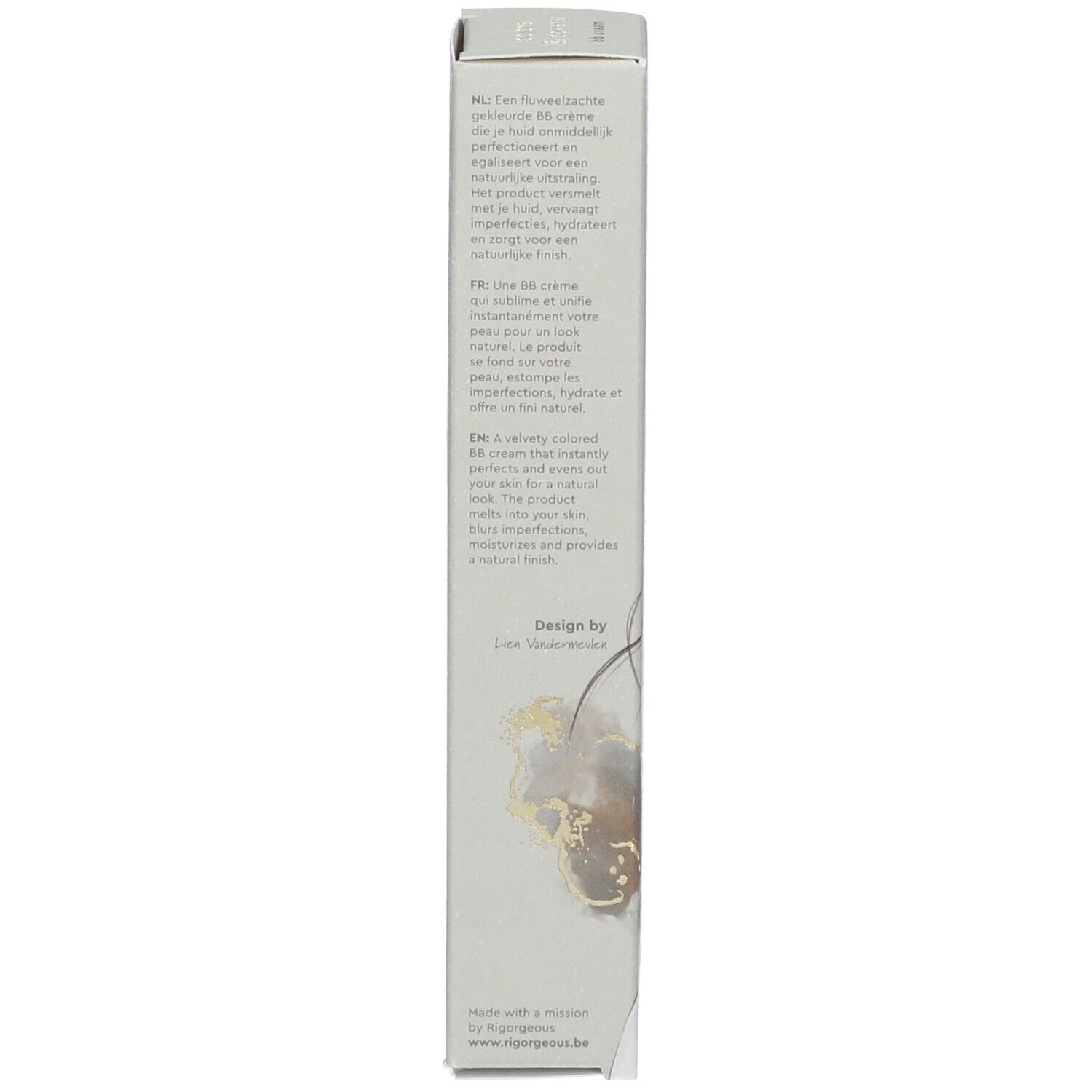 Emballage du produit, verso. Texte en néerlandais, français et anglais. Design by Love Vandekerkhove.