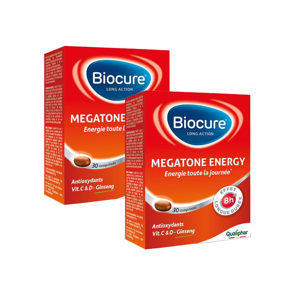 Deux boîtes de Biocure Megatone Energy. Emballage rouge avec nom et logo du produit. Contient 30 comprimés.