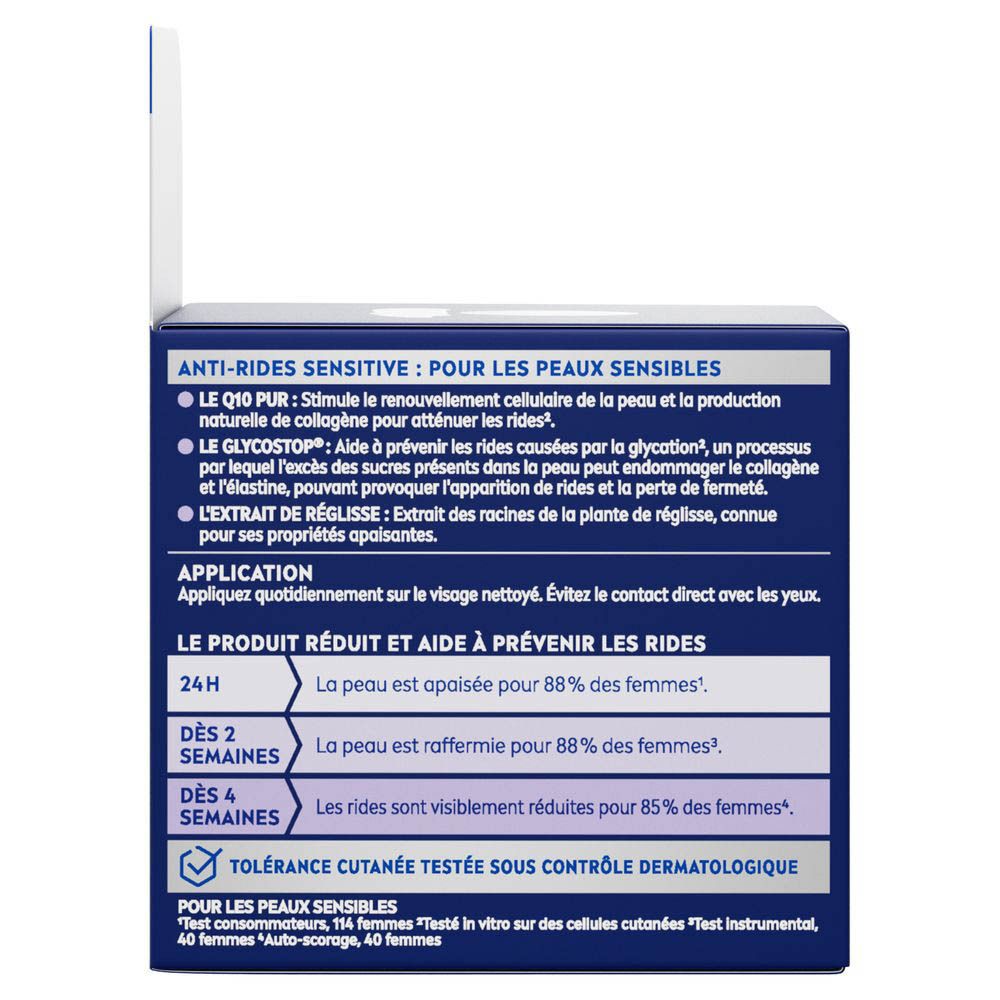 Arrière de l'emballage Nivea Q10 Anti-Rides Sensitive Soin de Nuit.