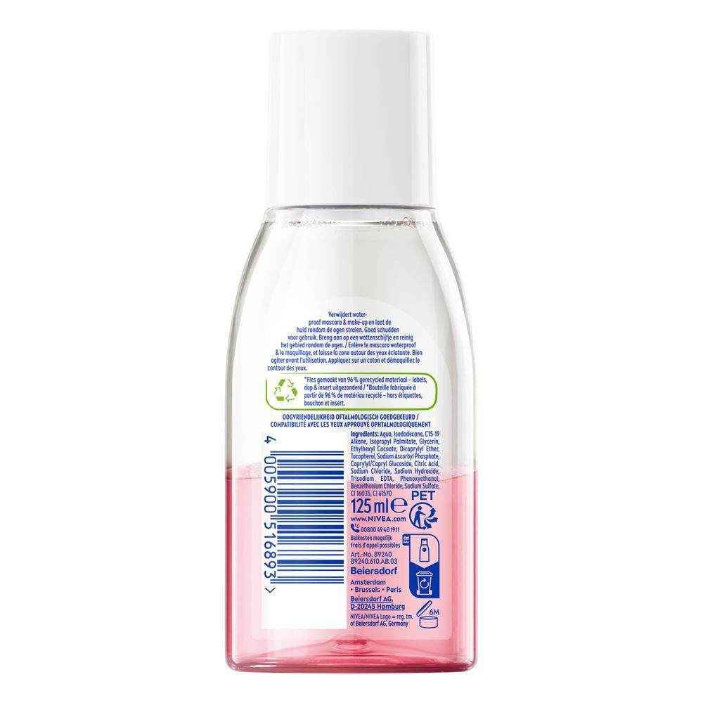 Dos de la bouteille Démaquillant Yeux Nivea, 125ml, avec ingrédients et code-barres.