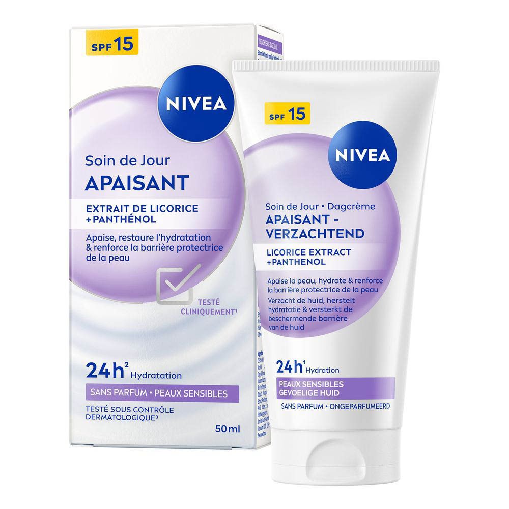NIVEA Soin de Jour Apaisant SPF15, tube de 50ml et son emballage cartonné.