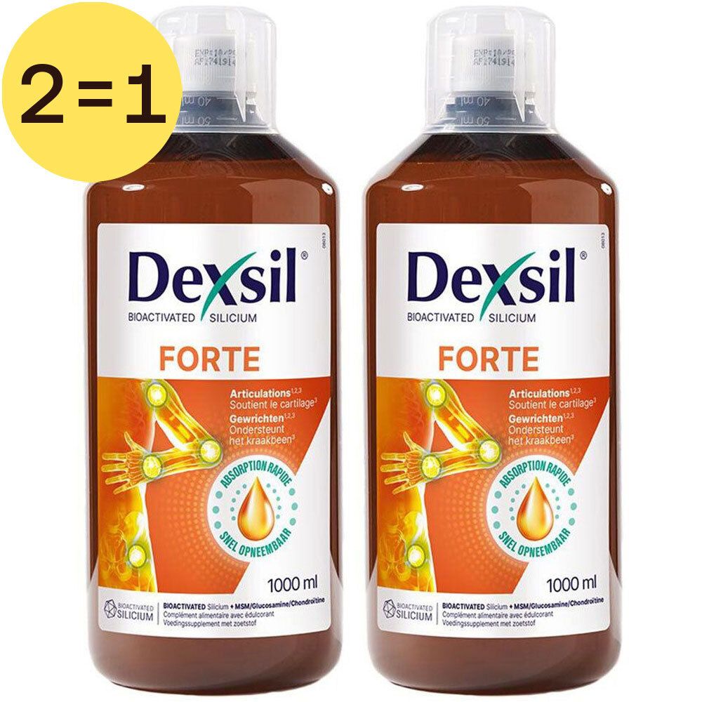Deux flacons Dexsil Forte. Inscription : Bioactivated Silicium, Forte, 1000 ml. Étiquette jaune avec illustration articulations.