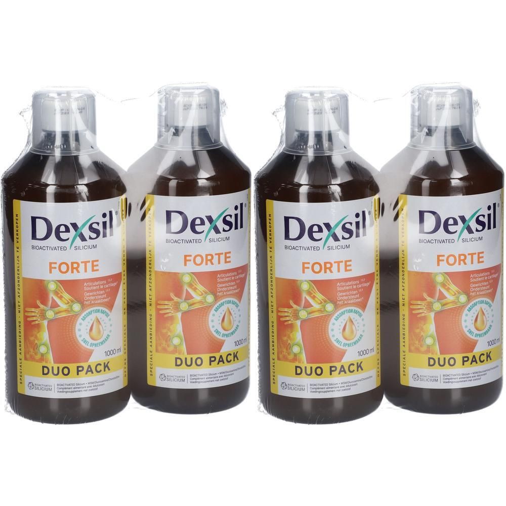 Quatre flacons Dexsil Forte DUO PACK. Liquide brun dans des bouteilles transparentes avec des bouchons argentés. Étiquettes avec nom du produit.