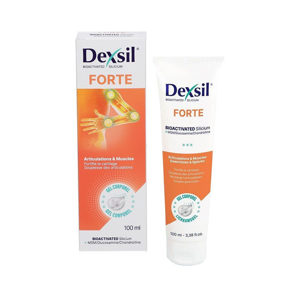 Tube et boîte Dexsil Forte. Tube blanc avec étiquette orange. Boîte avec informations sur le produit.