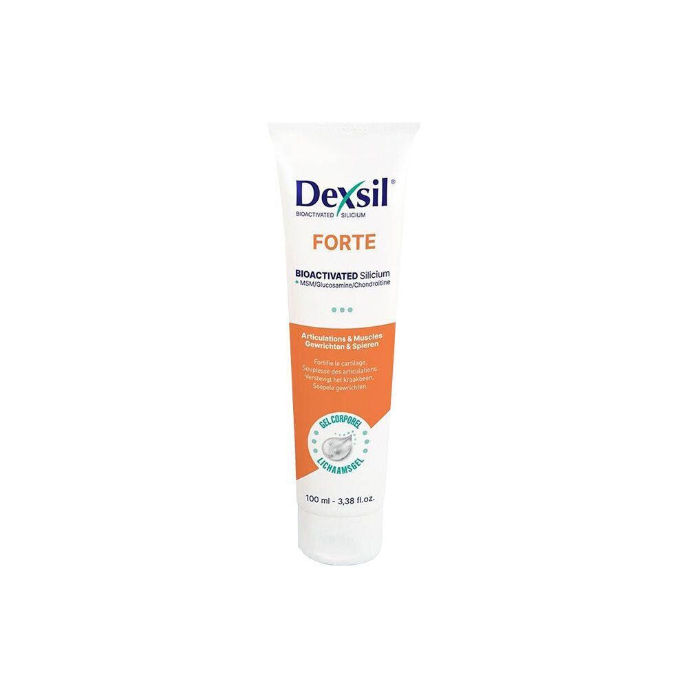 Tube blanc Dexsil Forte. Étiquette orange avec informations produit. 100 ml.