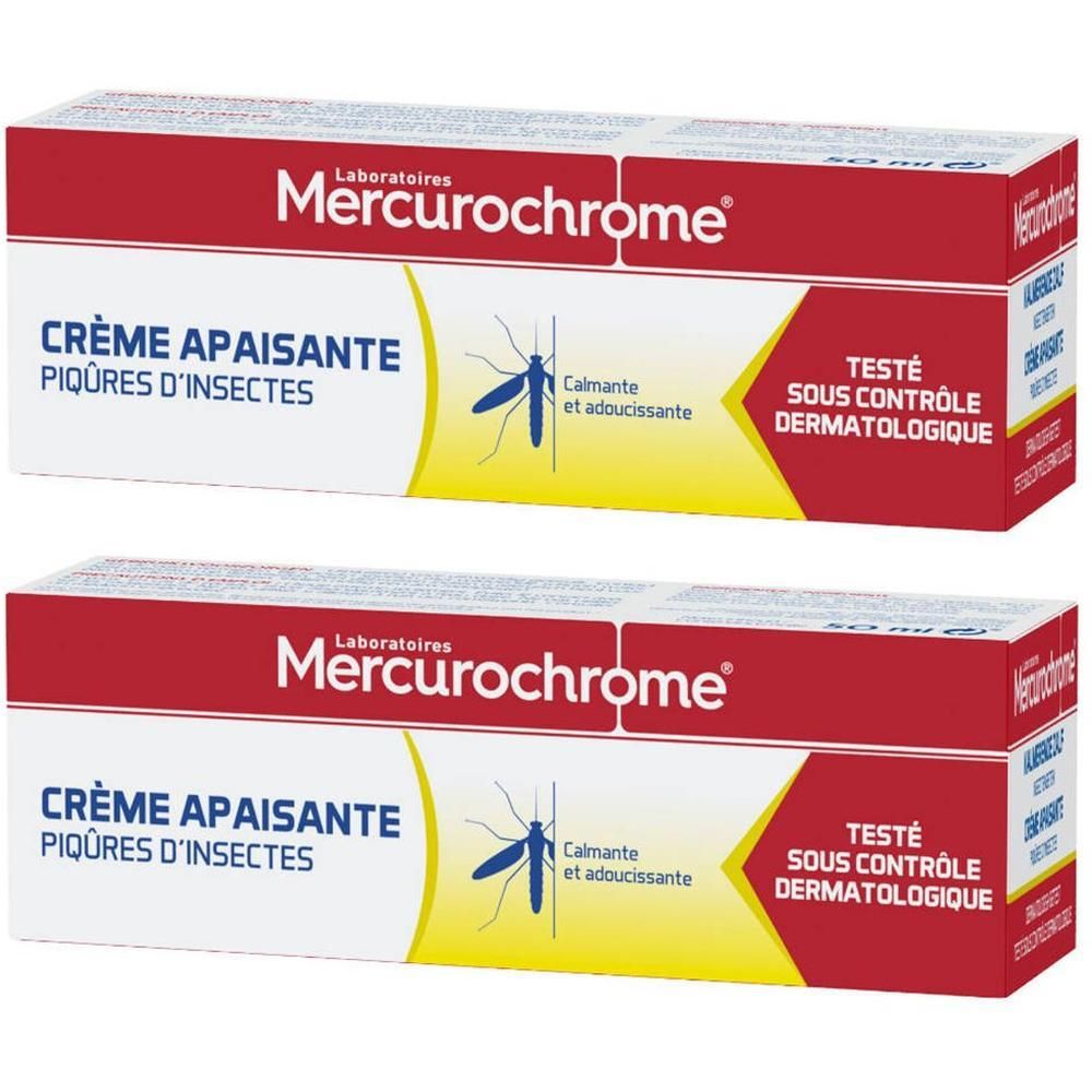 Deux boîtes de crème Mercurochrome. Emballage rouge et blanc avec nom du produit et informations. Testé dermatologiquement.