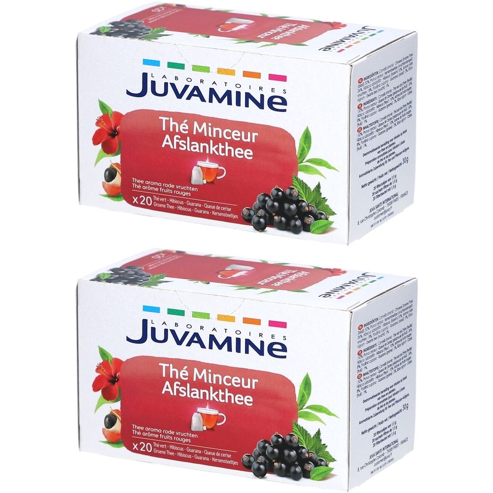 Deux boîtes de thé minceur Juvamine. Inscription: Thé Minceur Afslankthee. Illustration de fruits et sachet de thé. Paquet de 20 sachets.