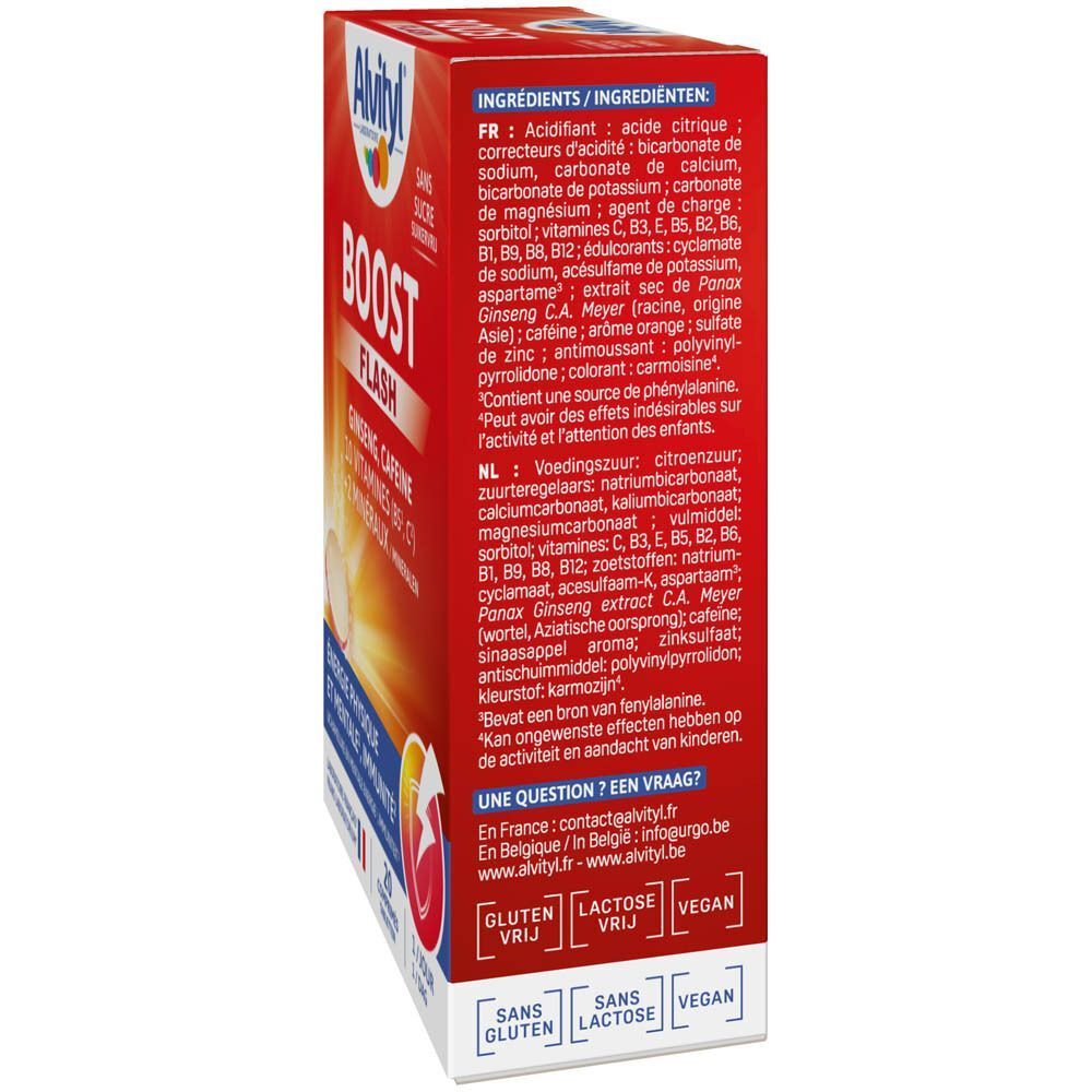 Vue latérale de l'emballage Alvityl Boost Flash. Contient la liste des ingrédients en français et en néerlandais. Sans gluten, lactose, vegan.