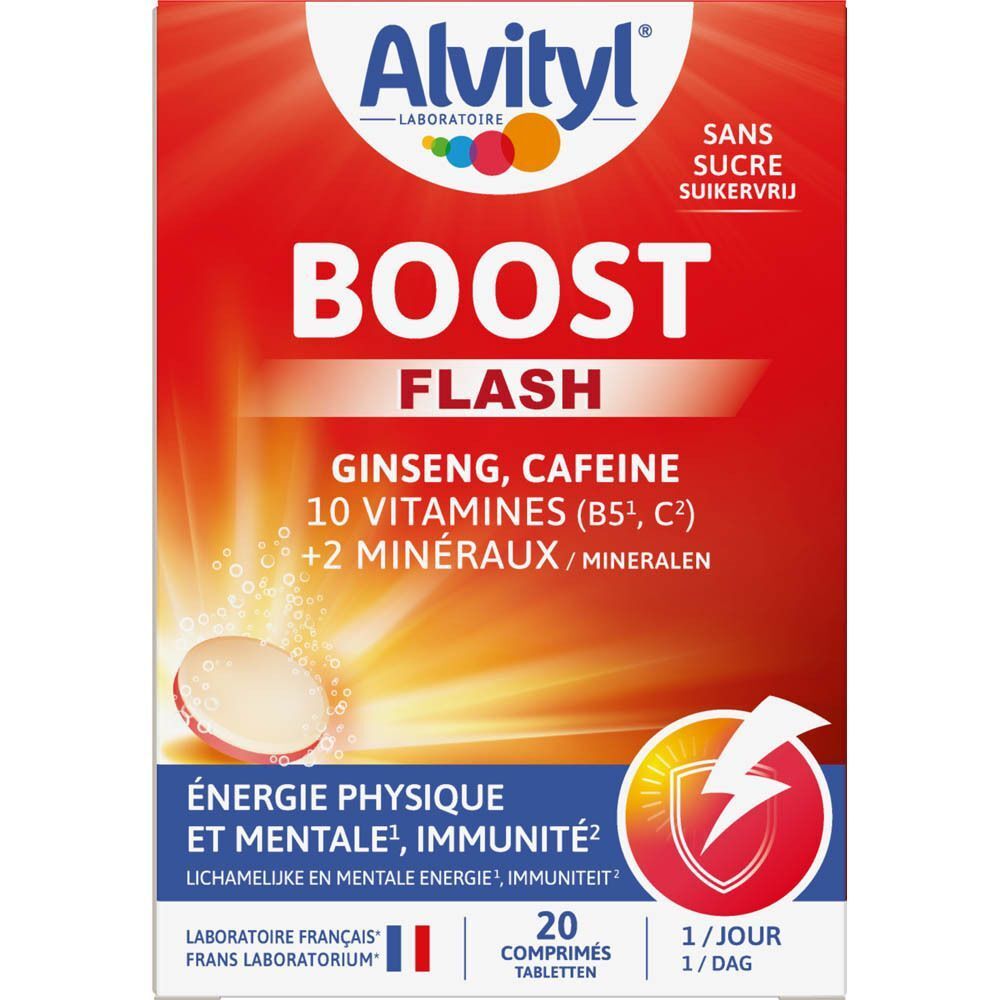Emballage Alvityl Boost Flash. Inscription : Ginseng, caféine, 10 vitamines, 2 minéraux. 20 comprimés. 1/jour.