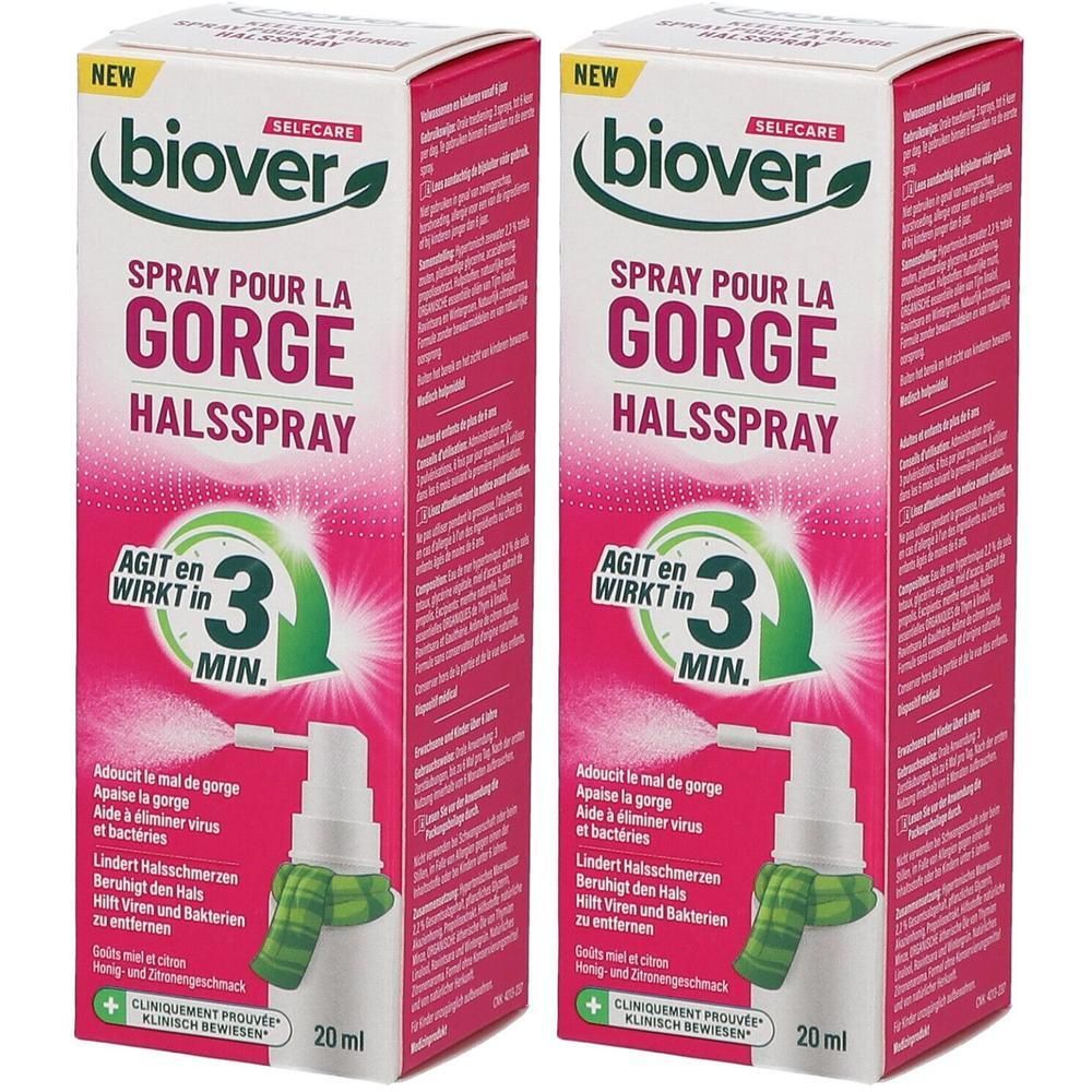 Deux boîtes de spray Biover Selfcare pour la gorge. Emballage rose avec nom du produit et graphique verte. Flacons de 20 ml.