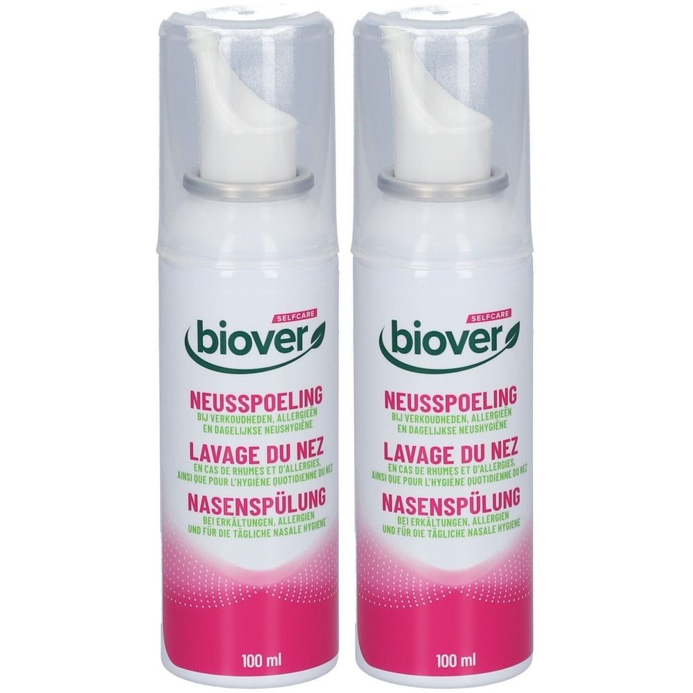 Deux flacons spray blancs avec bouchons transparents. Inscription: Biover, Lavage du Nez, Nasenspülung. 100 ml.