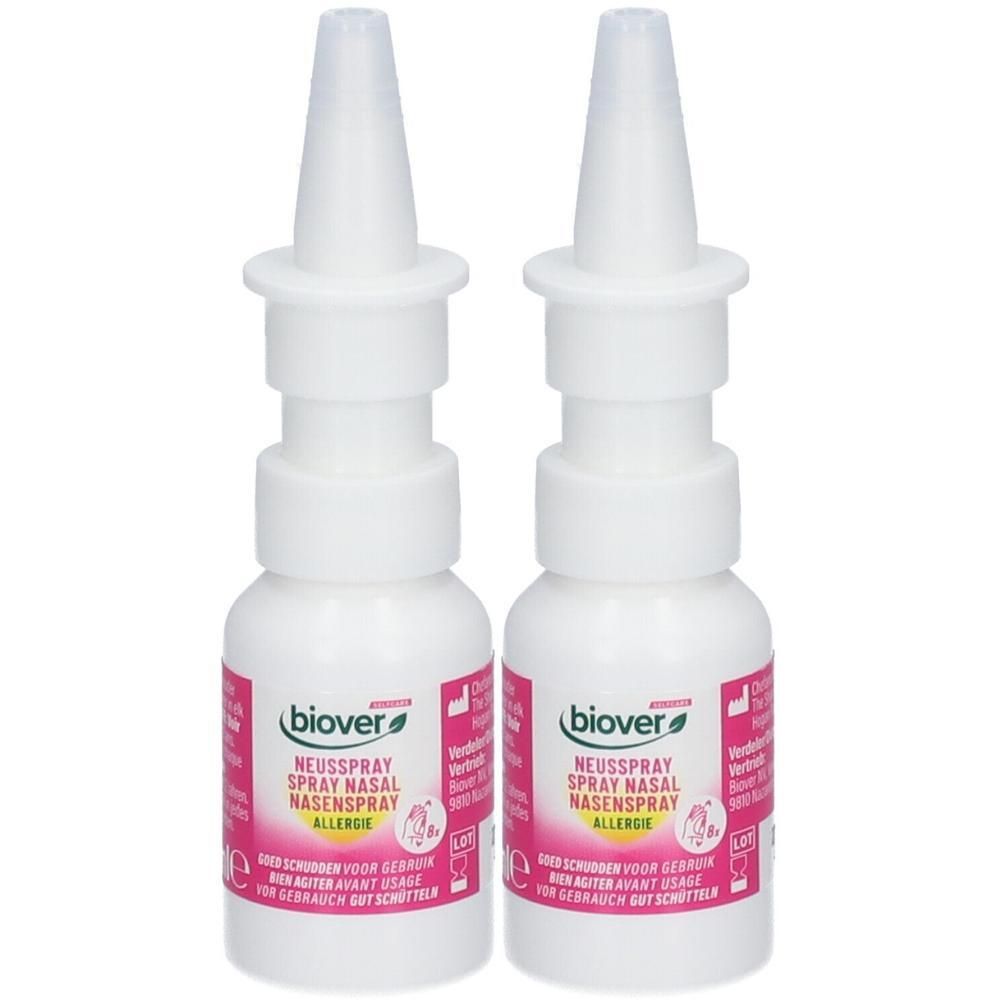 Deux sprays nasaux blancs avec embout. Inscription: Biover, Spray Nasal Allergie.