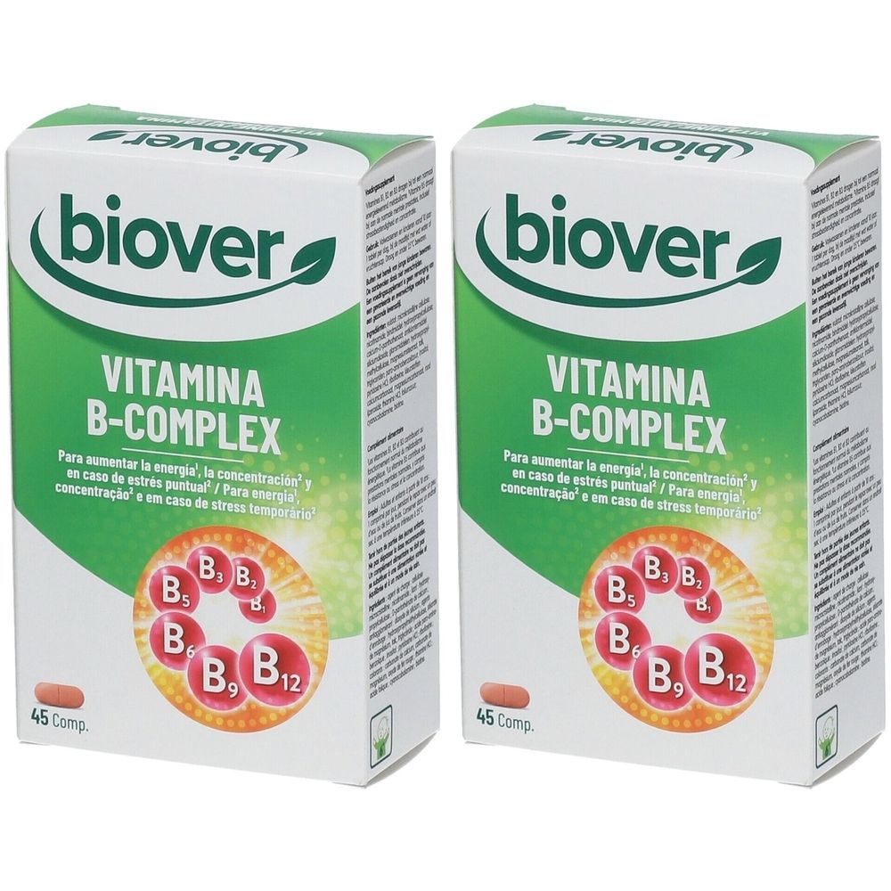 Deux boîtes de Vitamina B-Complex BIOVER. Emballage vert et blanc avec nom du produit et illustration du complexe B.