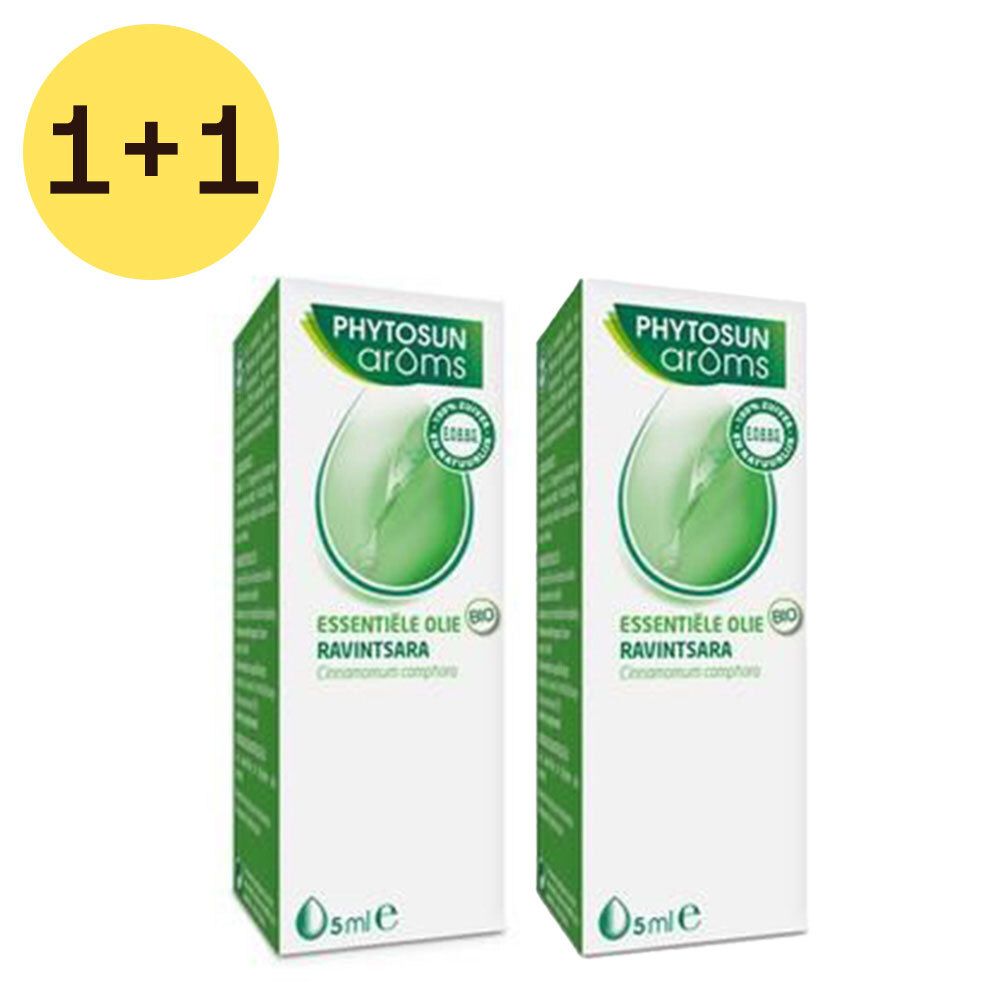 Deux boîtes vertes avec étiquettes de produit et logo. En haut à gauche : cercle jaune avec "1+1".
