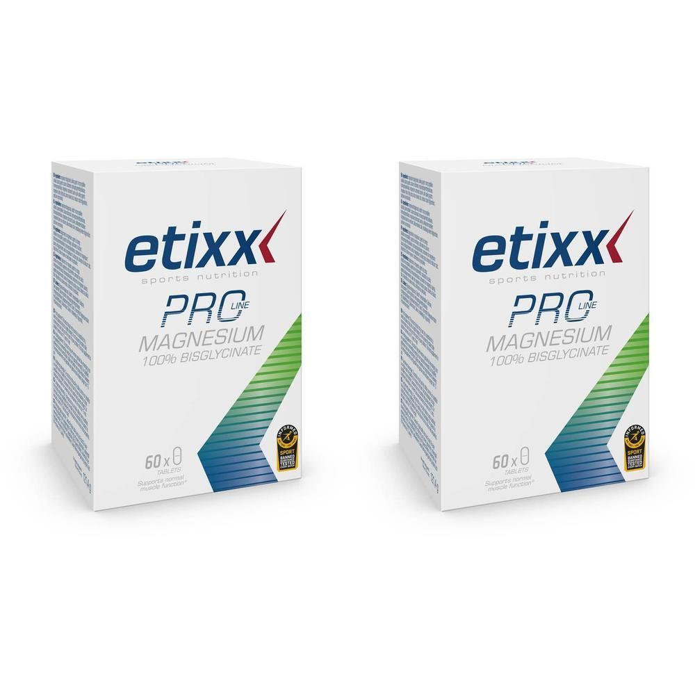 Deux boîtes blanches avec graphiques bleus et verts. Inscription: etixx PRO Magnesium 100% Bisglycinate. 60 gélules. Avec label de qualité.
