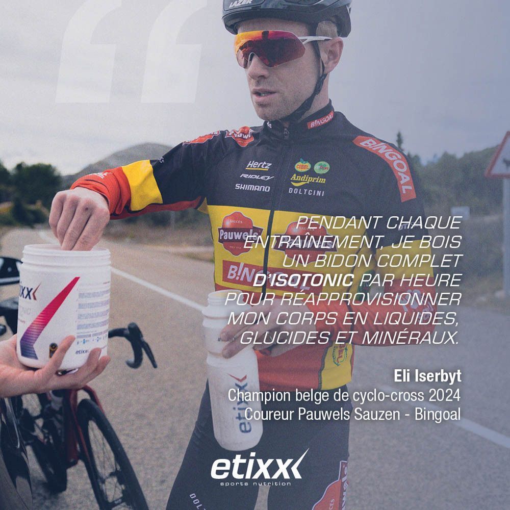 Un homme ouvre un pot "etixx". Il tient une bouteille. Texte : Eli Iserbyt, Champion.