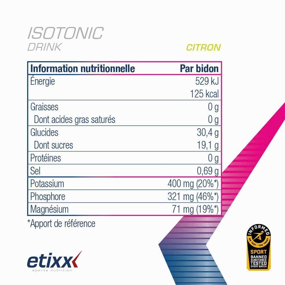 Tableau nutritionnel pour "etixx" ISOTONIC DRINK. Contient des informations sur l'énergie, les graisses, les glucides, les protéines et le sel.