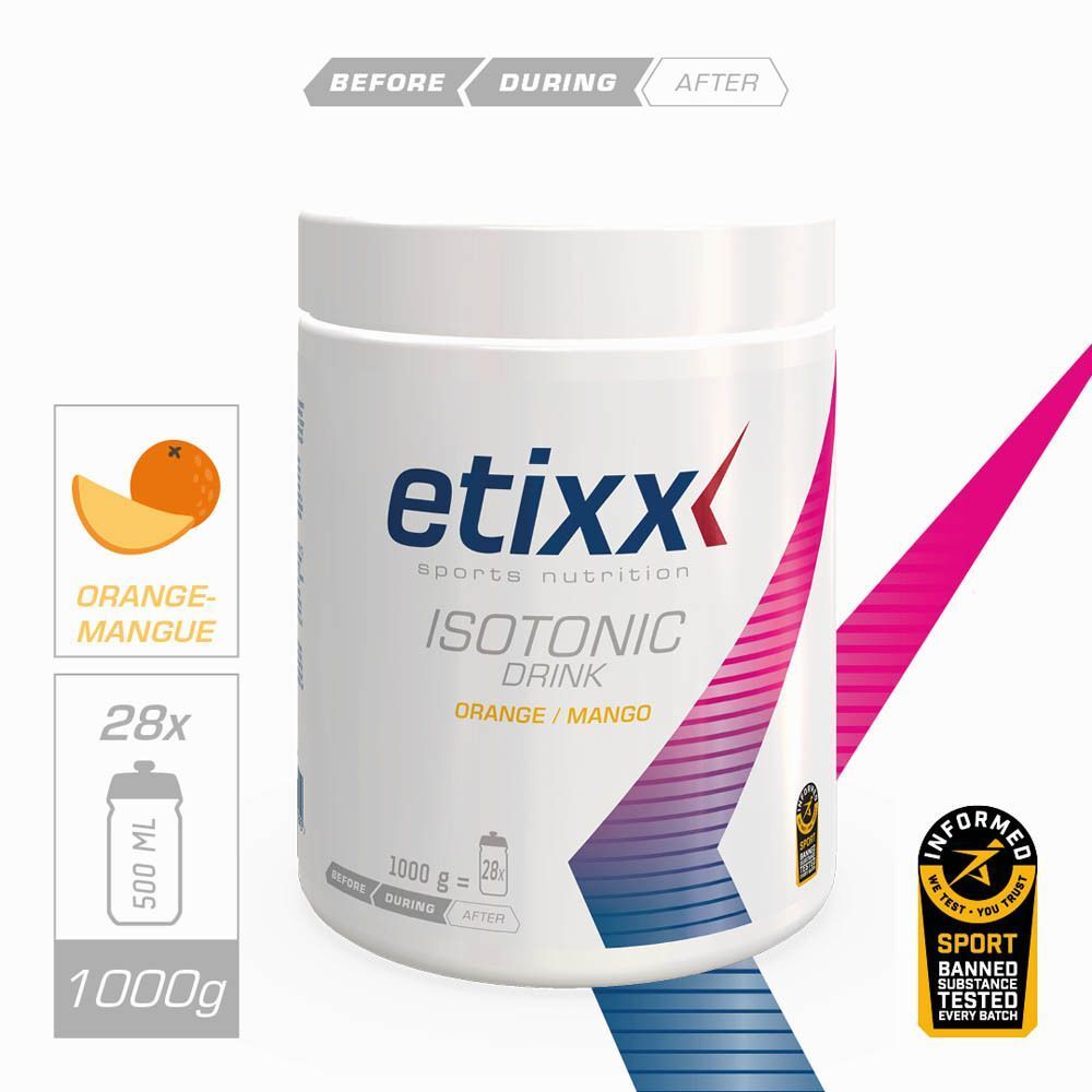 Deux pots de Etixx Isotonic Drink Orange/Mangue, 1000g.