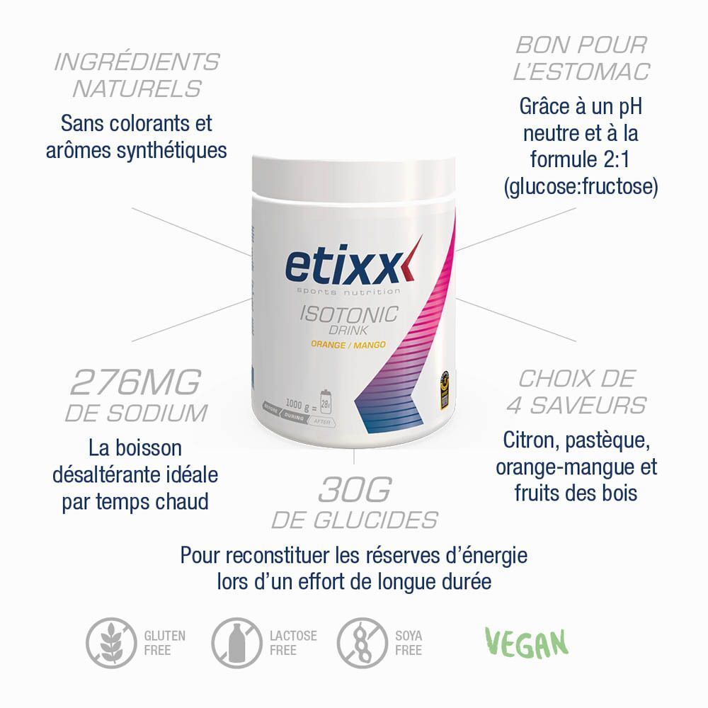 Pot Etixx Isotonic Drink Orange/Mangue 1000g avec symbole orange et indications de quantité.