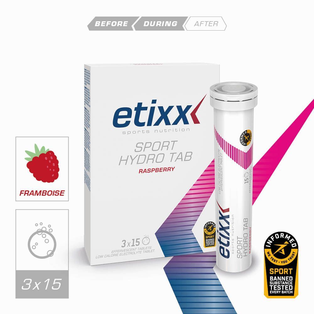 Deux boîtes et deux tubes de comprimés effervescents Etixx Sport Hydro Tab framboise.