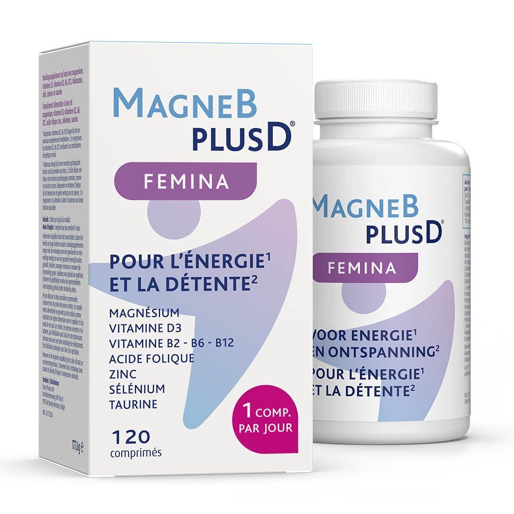 Boîte et flacon blancs MagneB PlusD Femina. Inscription: Pour l'énergie et la détente. 120 comprimés.